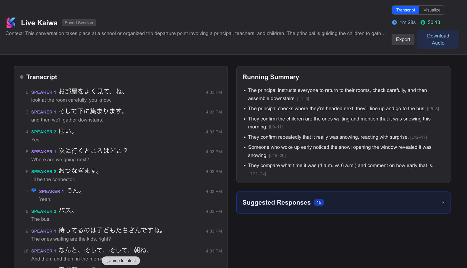 Live Kaiwa transcript view showing real-time Japanese transcription with English translations and a running summary